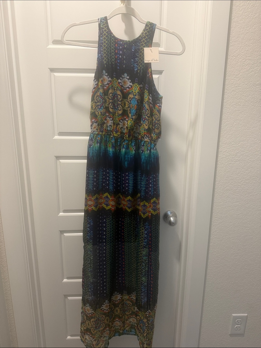 Boho Printed Sleeveless Maxi Dress - Blue Green Multicolor -Missing belt